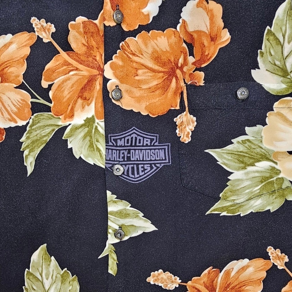 Harley Davidson Mens Black Hibiscus Floral Hawaiian Shirt Viscose Large USA Made - Picture 8 of 11